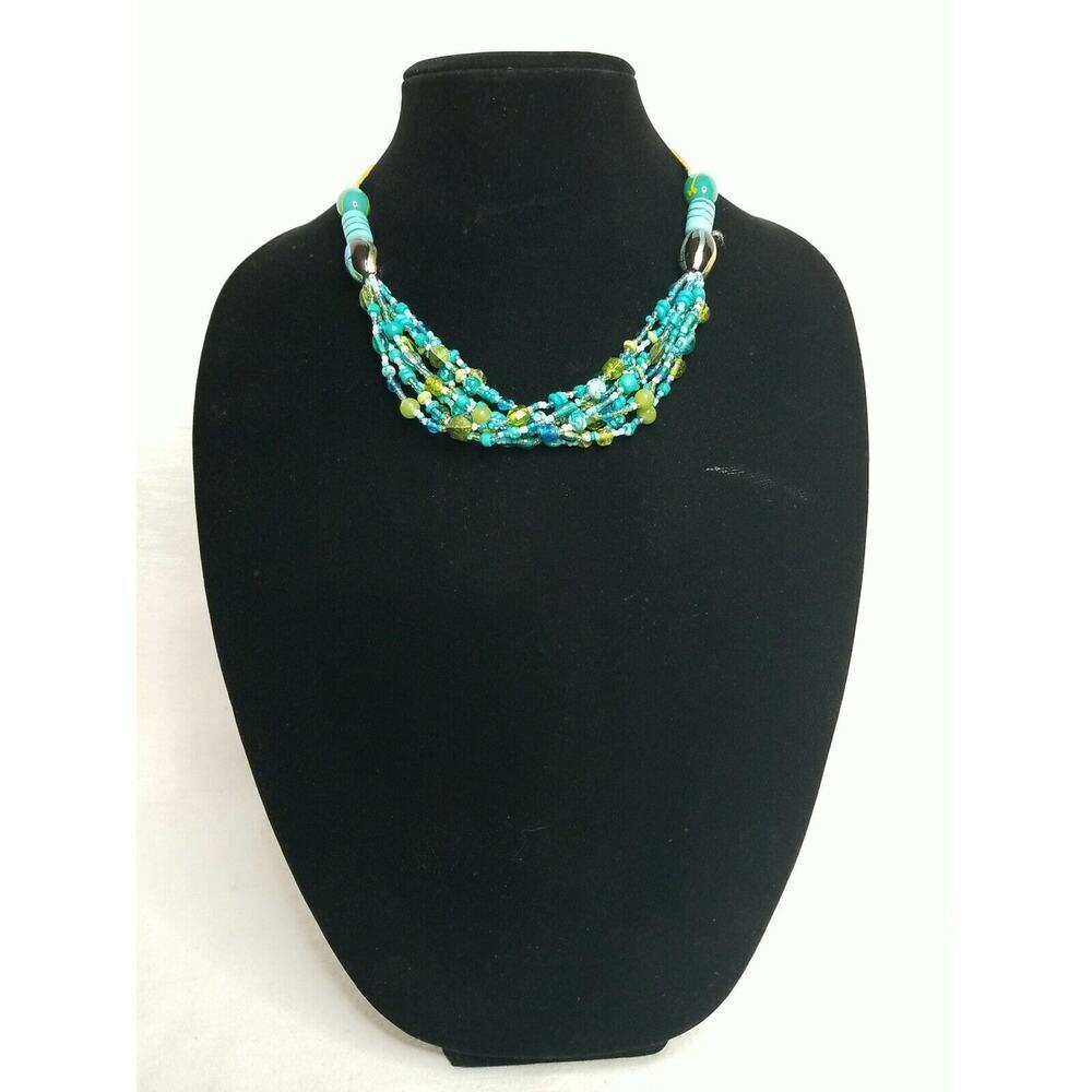 Multi Color/Strand Beaded Necklace 20" Faux Leather Strands Metal Chain Close